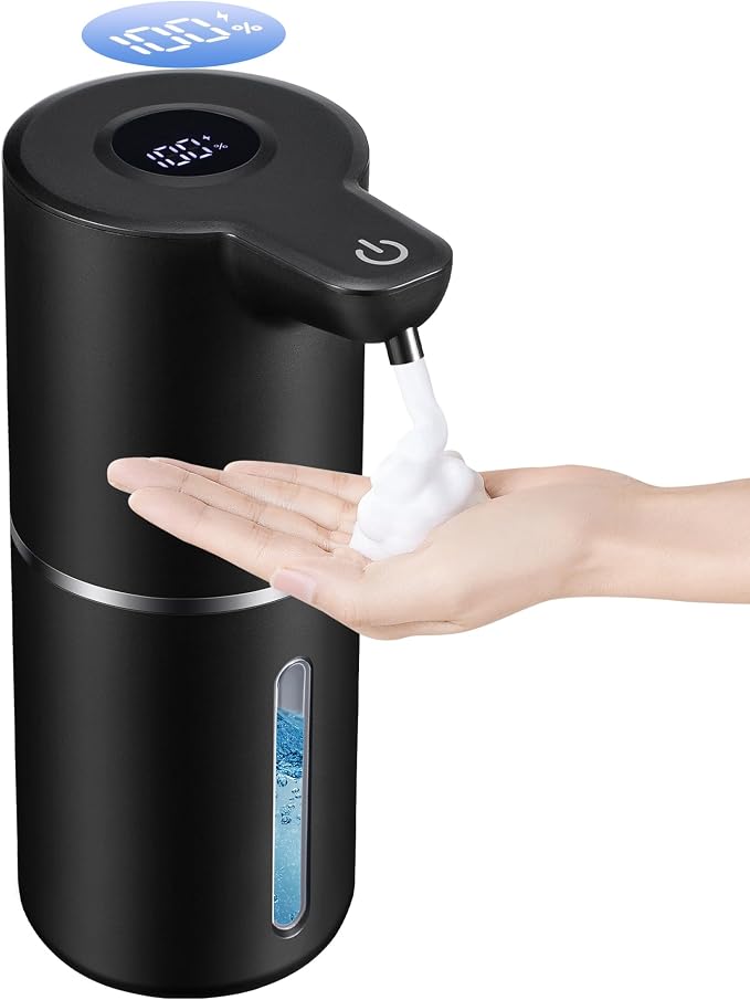 Automatic Foam Soap Dispenser Touchless | USB Rechargeable Smart Hand Soap Dispenser, 4-Level Adjustable, 12oz Wall Mounted for Bathroom Kitchen(Black Foam)