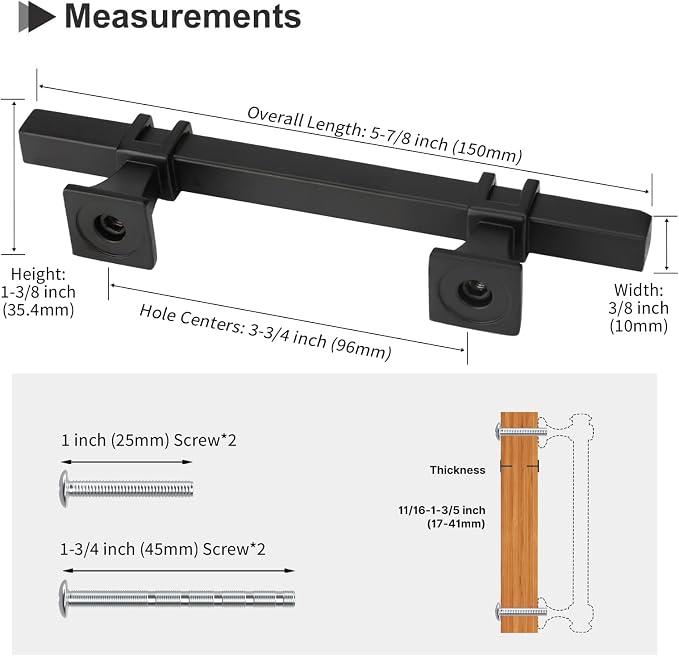 15 Pack Matt Black Square Kitchen Cabinet Pulls, 3-3/4 Inch Hole Centers, Stainless Steel & Zinc Alloy, Modern Style