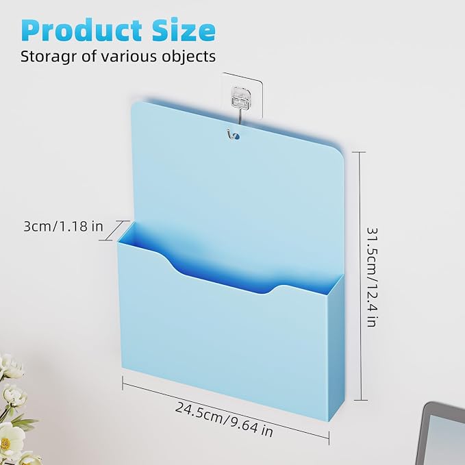 Marbrasse Magnetic File Holder - Magnetic Paper Holder, Pocket Organizer Office Supplies Storage Mail Organizer for Notebooks,Planners,Letter (Blue)