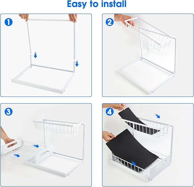 2 Pack Under Sink Organizer, 2 Tier Pull-Out Cabinet Storage Shelf, Rust-Resistant Metal Organizer for Kitchen Bathroom Laundry Room, No Tools Installation, White