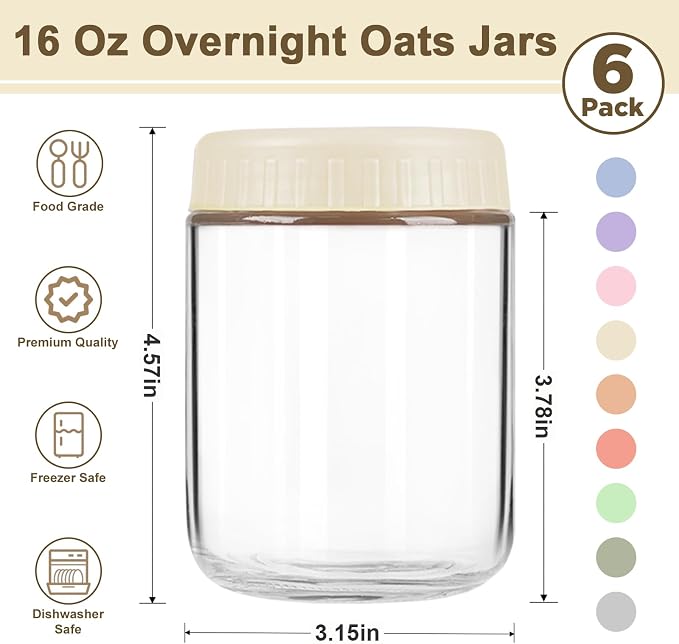 Overnight Oats Containers with Lids, 16oz Wide Mouth Mason Jars with Lids, 6 Pack Glass Jars with Airtight lid for Chia Pudding Yogurt Salad, Meal Prer Oatmeal Jars, Yellow