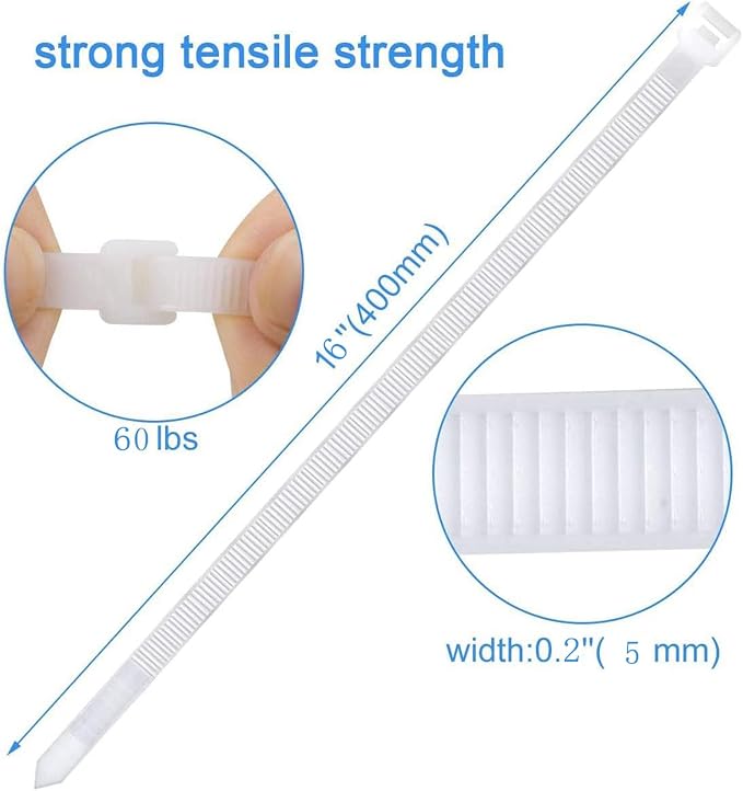 Zip Ties 16 Inch White Cable Ties Wraps 100 Pcs with 60 Pounds tensile | Nylon ties for Outdoor Use by WANGFA