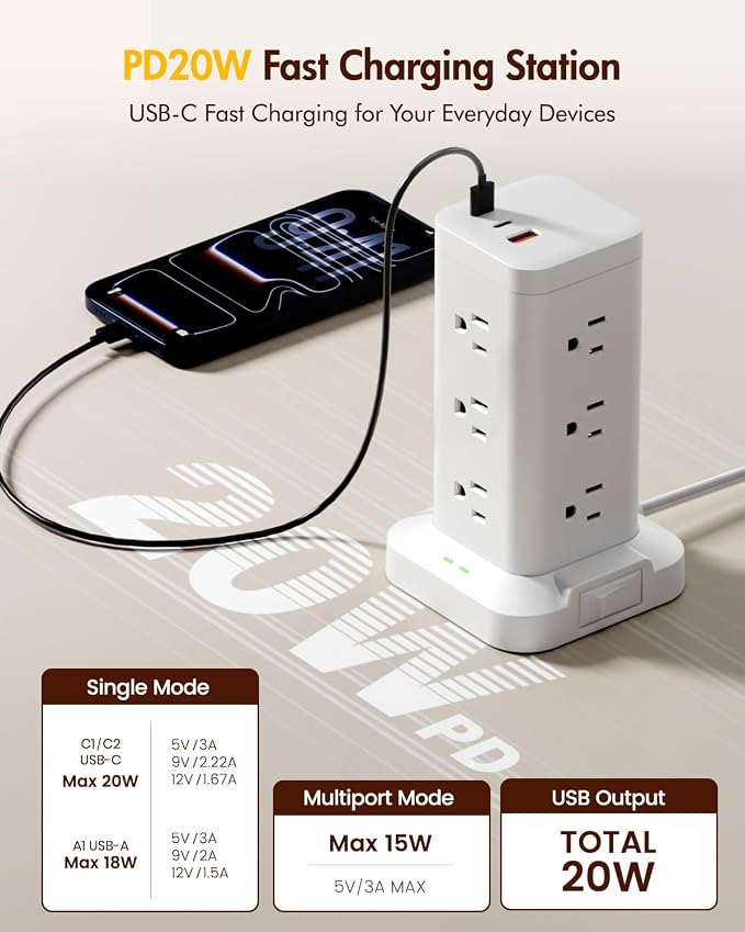 Power Strip Tower with Surge Protector 1800J, Fast Charging Tower PD20W USB-C Ports with 12 AC Outlets, Extension Cord for Home Office Dorm Room, 9.8ft, White