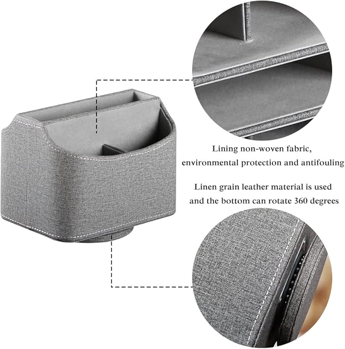 Leather Remote Control Holder 360 Degree Spinning, Desk Organizer for TV Remote Controllers, Caddy,Pen,Calculator,Media Player Storage box (Grey)