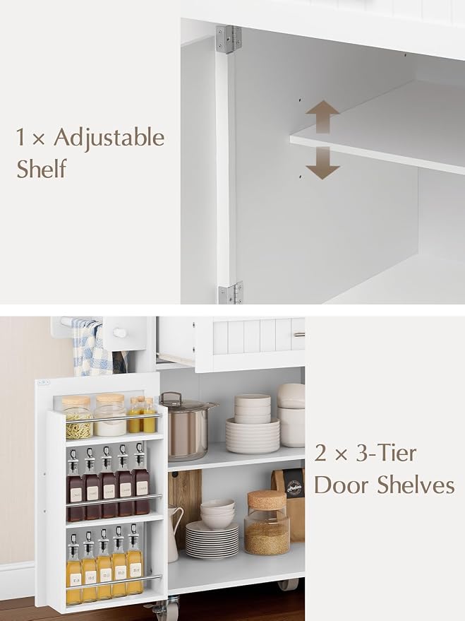 OtterOasis Kitchen Island with Storage, 43.3" Rolling Kitchen Island Cart on Wheels with Wide Drop Leaf Rubberwood Top, Large Mobile Island Table with Trash Can Storage and Towel Bar, White