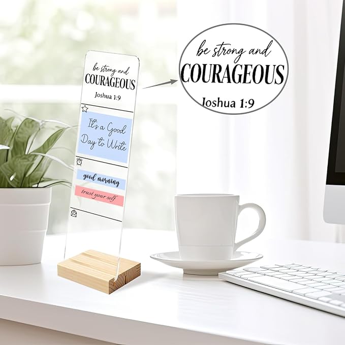 Sticky Note Holder, Monitor Memo Board, Sticky Note Board for Desk, Acrylic Desk Buddy with Wooden Base, Includes 200 Notes, Religious “Be Strong and Courageous Joshua 1:9”