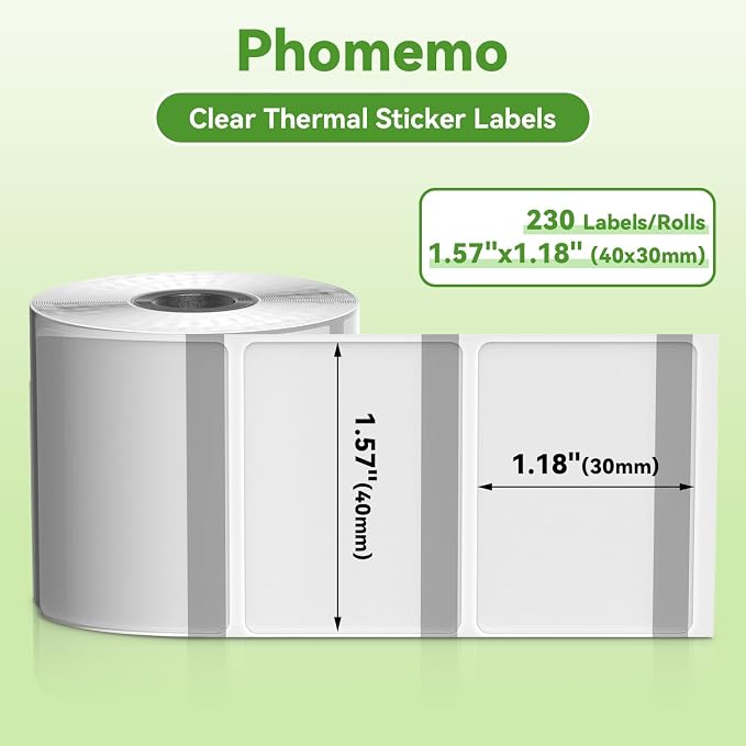Phomemo Thermal Labels-Transparent M110 Labels for M110/M220/M221/M120/M200,1.57"x1.18"(40x30mm) 230 Labels, for Small Business/Home Use, Barcode, Address, Logo Label