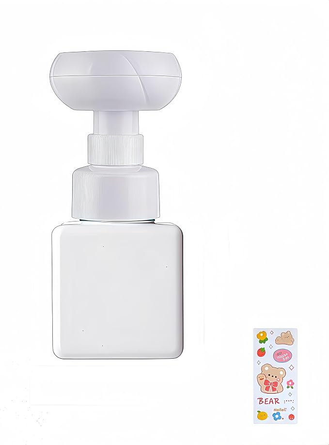 Flower Foam Dispenser Pump Bottle-250ml Reusable Plastic Soap Dispenser for Shampoo, Hand Soap&Bath, Includes Cute Stickers, Perfect for Kids Bathroom Or Kitchen (White)