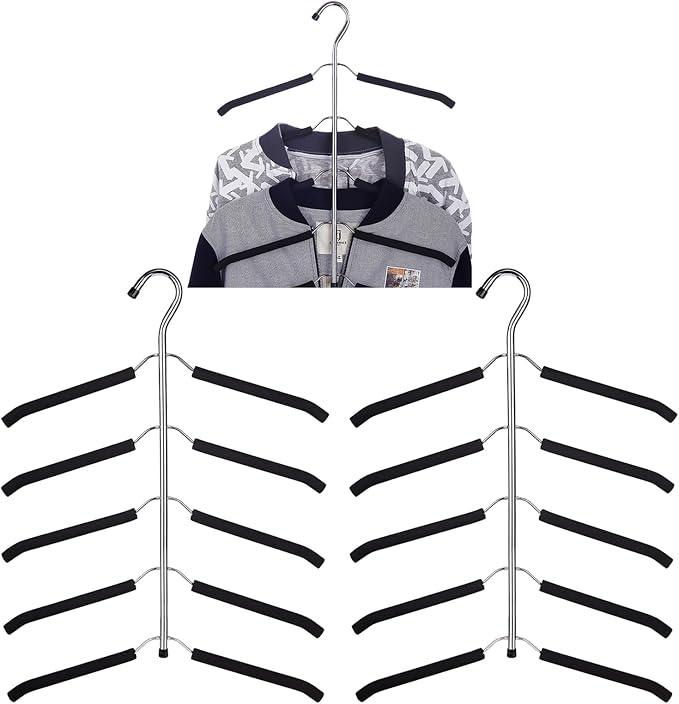 3 Pack 5 in 1 Hangers Blouse Tree Hangers Non Slip Space Saving Clothes Hanger Multi-Layer Clothes Hanger Stainless Steel Sweater Shirt Hanger Closet Storage Organizer(Black)