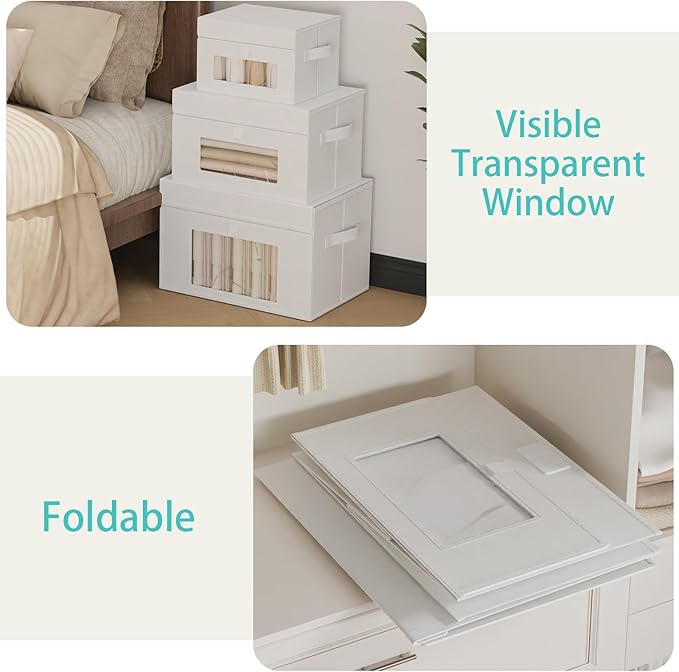 Transparent Window Storage Bin, Cube Organizer Basket with Flip-Top Lid and 2 Handles, Decorative Boxes with Cover, 4 Pack, White, 10.2 x 7.9 x 6.7 In, XSNY17WS-4
