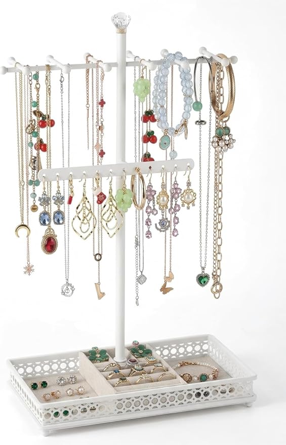 Meangood Jewelry Organizer Stand, 15.6" H Jewelry Tree Display Holder Stand for Bracelets Necklaces Earrings Rings, Gift for Women Girls (White)
