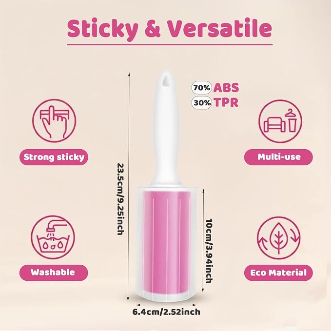 Washable Gel Lint Roller 2 Pack, Large Reusable Pet Hair Remover, Pink | Sticky Gel Surface, With Protective Covers, For Clothes & Home Use, Easy Cleaning