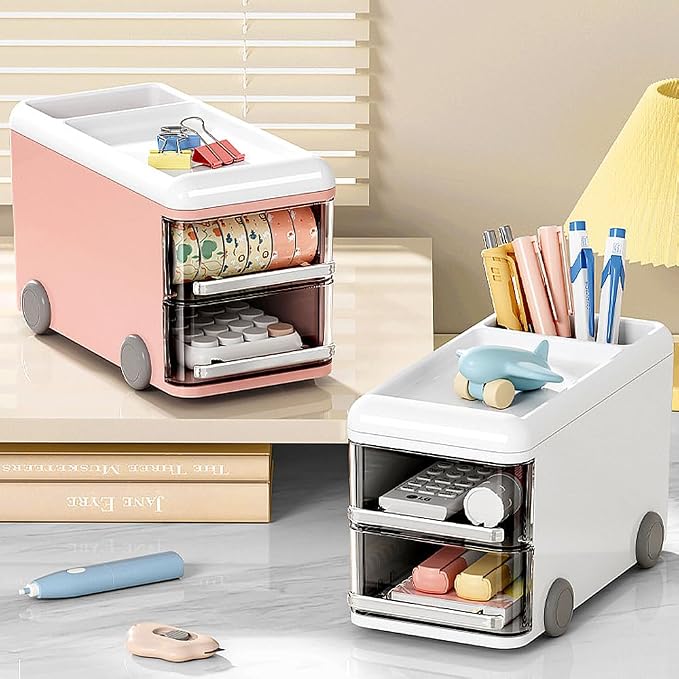LETURE Cute Desk Organizer with drawers, Plastic Desktop Storage for Business Card/Pen/Pencil/Mobile Phone/Stationery Holder Box, Desktop Organizer for Office School Home (White)