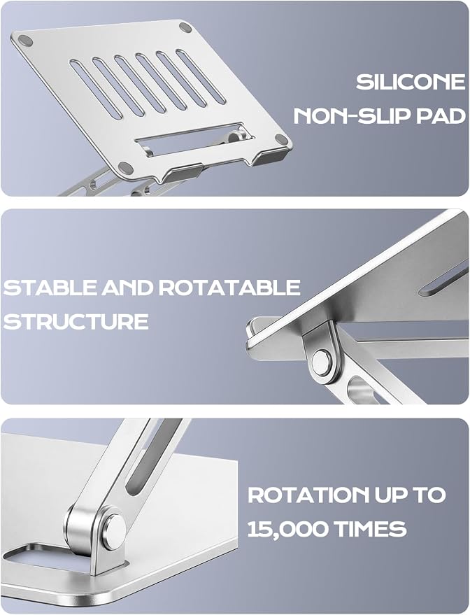LOXP Aluminum Laptop Stand, Adjustable Laptop Stand for Desk Foldable | Portable Laptop Riser, Ergonomic Computer Notebook Holder for Desk, Office Desk Accessories (10-15.6'') - Silver