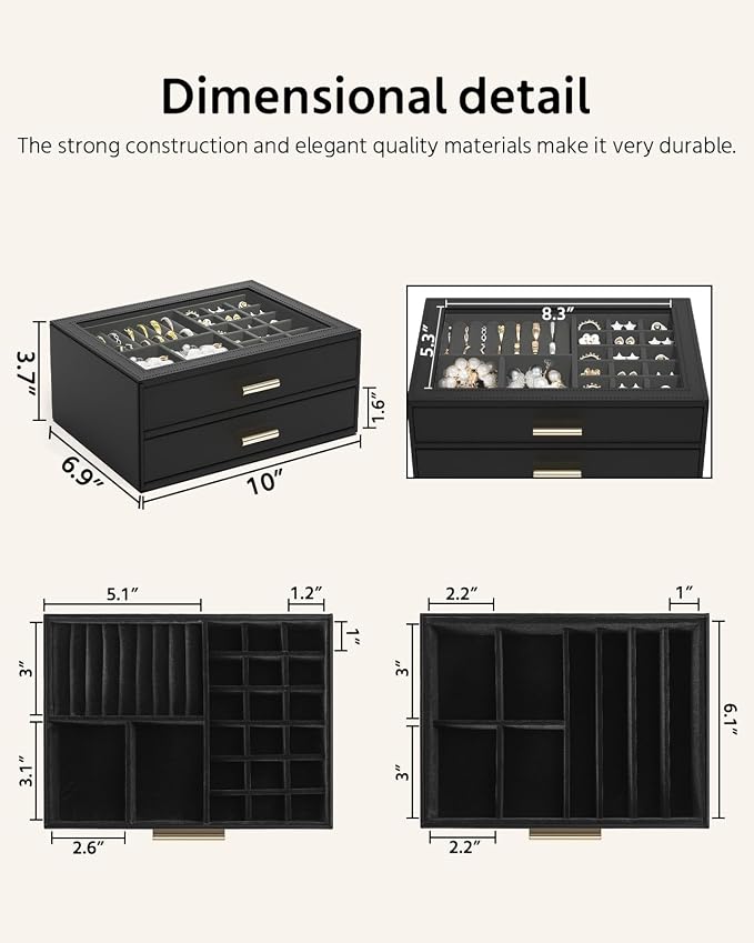 AKOZLIN Jewelry Box with Clear Lid Functional Leather Jewelry Storage Organizer Case 2 Drawers for Women Girls Necklace Ring Bracelet Earring