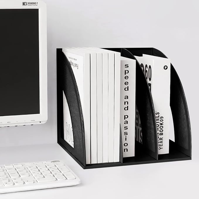 Marte Vanci Magazine File Holder, Binder Holder Book Desktop Organizer Plastic Storage Sturdy Vertical 3 Section Folder Black