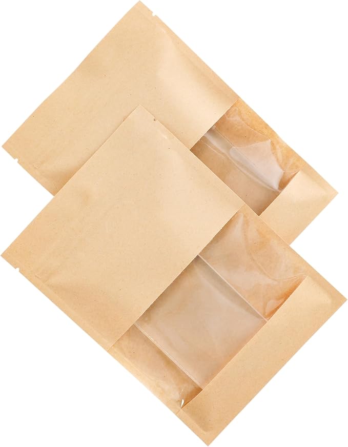 100PCS Resealable Kraft Paper Packaging Bags with Clear Window, Food Grade Heat Sealed Zipper Pouches for Coffee, Tea, Nuts, Snacks, Cookies (Kraft, 7 * 9CM/2.8"*3.5"-100PCS)