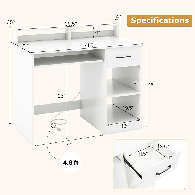 Tangkula White Desk with Drawer & Keyboard Tray, Home Office Desk with Built-in Charge Station & Adjustable Shelf, Study Writing Table with Hutch, Modern Computer PC Workstation