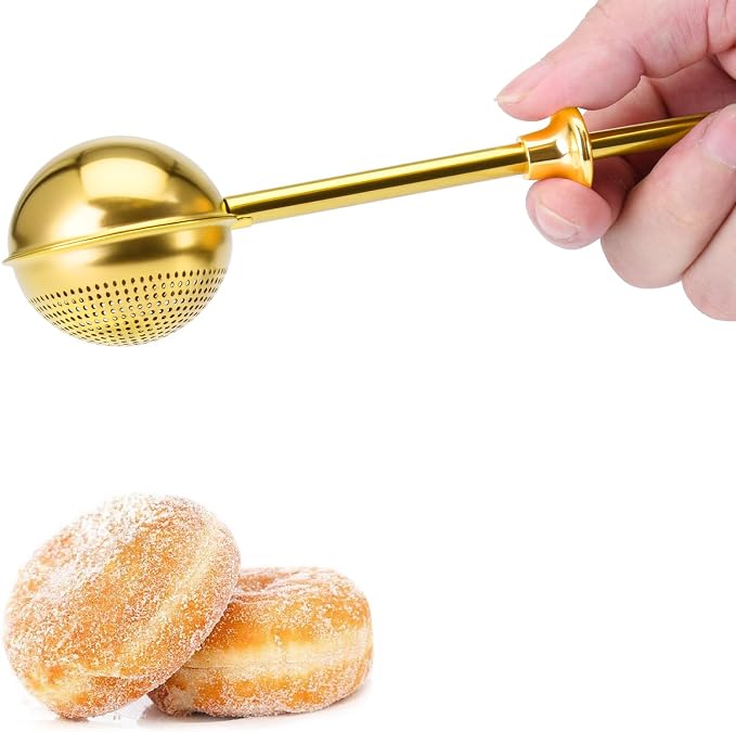 HULISEN Flour Duster, 304 Stainless Steel Flour Sifter for Baking, Gold | Spring-Press Handle, Dishwasher Safe, For Flour, Powdered Sugar, Fine Spices, Pick Up and Dust Flour Sifter, Gift Package