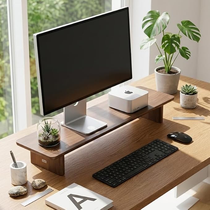 Walnut Single Monitor Stand Riser - 31.5" Wooden Monitor Stand for iMac, Laptop & Monitor, Minimalist Desk Shelf Organizer, Natural Wood Grain