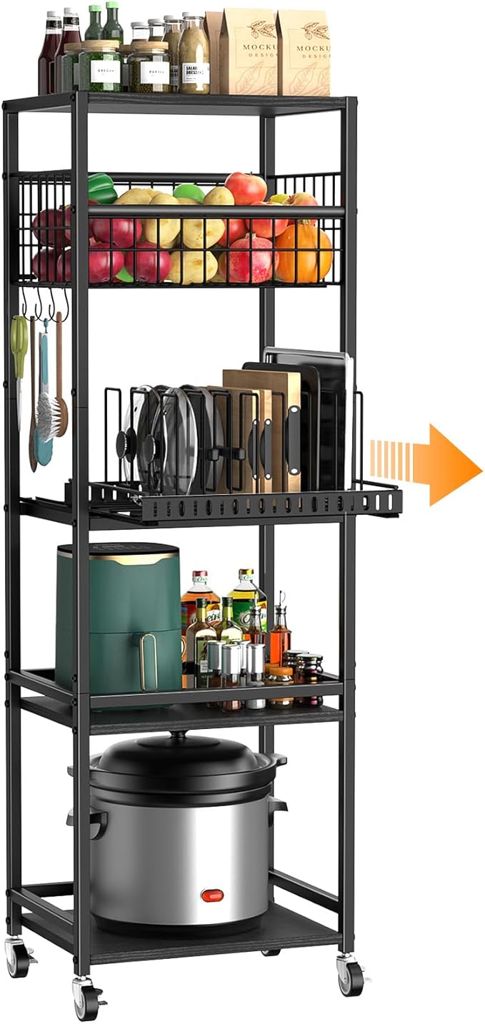 Housolution 5 Tier Kitchen Storage Cart with Fruit Basket Pot Lid Organizer | Versatile Storage, Pull-Out Cutting Board Rack, 4 Lockable Swivel Wheels, Wooden Top, for Kitchen, Pantry, Bathroom, Black