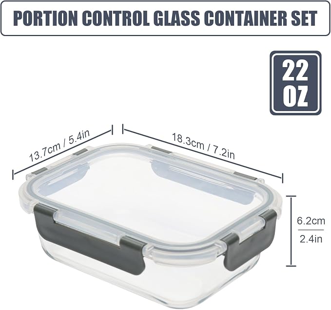 6pack 22oz Glass Meal Prep Containers with Airtight Lids, Lunch Containers | Portion Control Containers Set, Glass Food Storage Containers with Snap Lids, Freezer to Microwave Safe, Dishwasher Safe