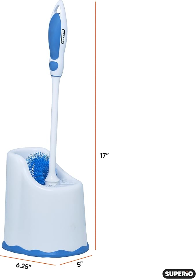 Superio Toilet Brush and Holder,Toilet Bowl Cleaning System with Scrubbing Wand, Under Rim Lip Brush and Storage Caddy for Bathroom, White and Blue
