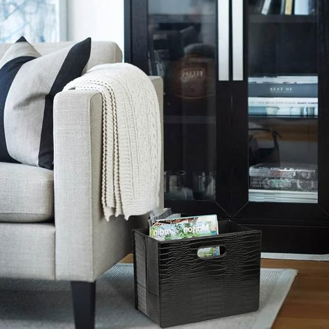 HofferRuffer Magazine Basket Holder, Foldable Magazine Rack, Document File Holder Organizer, File Folder, Newspaper Storage Bin Organizer for Home or Office (Black Croco)