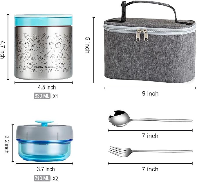 Lille Home Stainless Steel Thermal Lunch Box Set with Lunch Bag and Cultery | 22 Oz Vacuum Insulated Lunch Bento Box, to Keep Food Warm/Cool, 2 Small Food Container for Snack, Fruits and Sauces (Blue)
