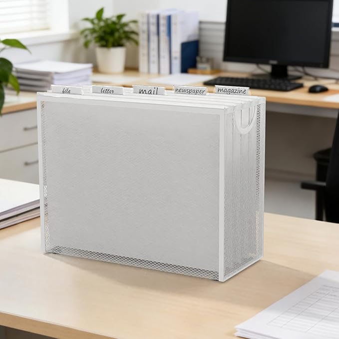 Sinboun Hanging File Organizer Letter-Size File Holder Filing Box Includes 5 Hanging Folders - Metal Mesh Magazine Letter Storage Cabinets File Cart for Office Home School, No Assembly Required White