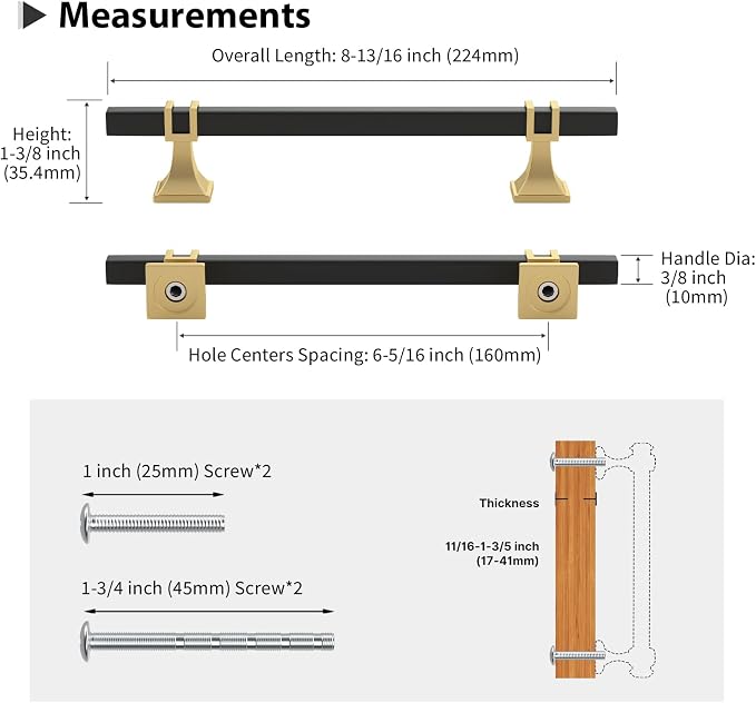 25 Pack 6-1/4 Inch Cabinet Pulls Black and Gold Cabinet Handles Kitchen Cabinet Handles, Black Dresser Drawer Pulls Kitchen Cabinet Hardware