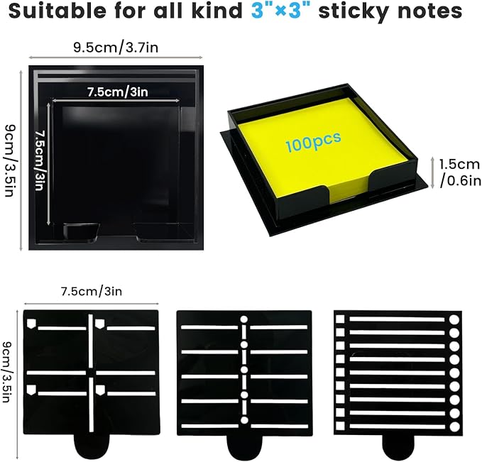 Daily Treasures Sticky Note Holder with 3 Reusable Stencils, Acrylic Post It Note Holder for 3x3 inch Sticky Notes, Multi-Template (Daily/Weekly/Goals/Meal/to Do List) Desk Organizer for Office Home