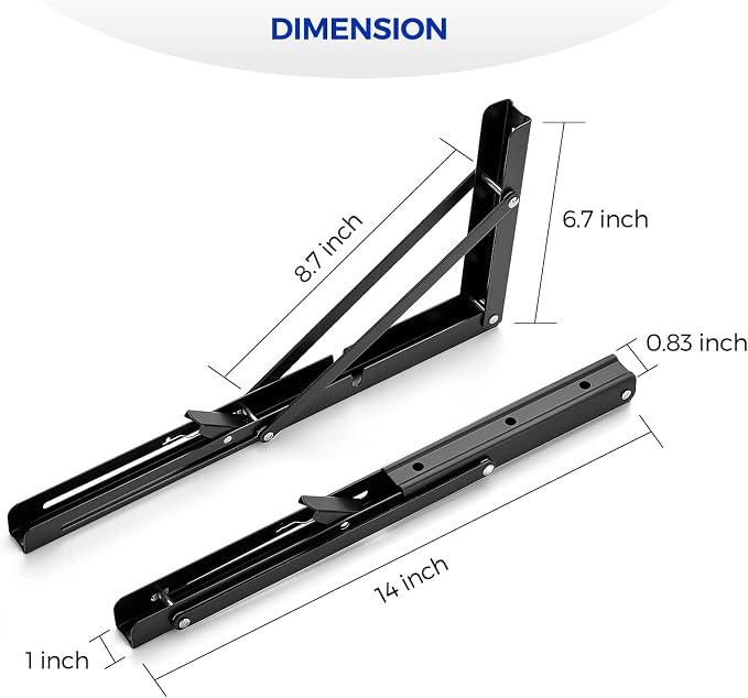 Ravinte Matte Black Folding Shelf Brackets, 14 Inch, 4 Pack | Collapsible Bracket Design, Table And Bench Support, Space-Saving Shelf Setup, For Worktops, Laundry Rooms, Garage Projects