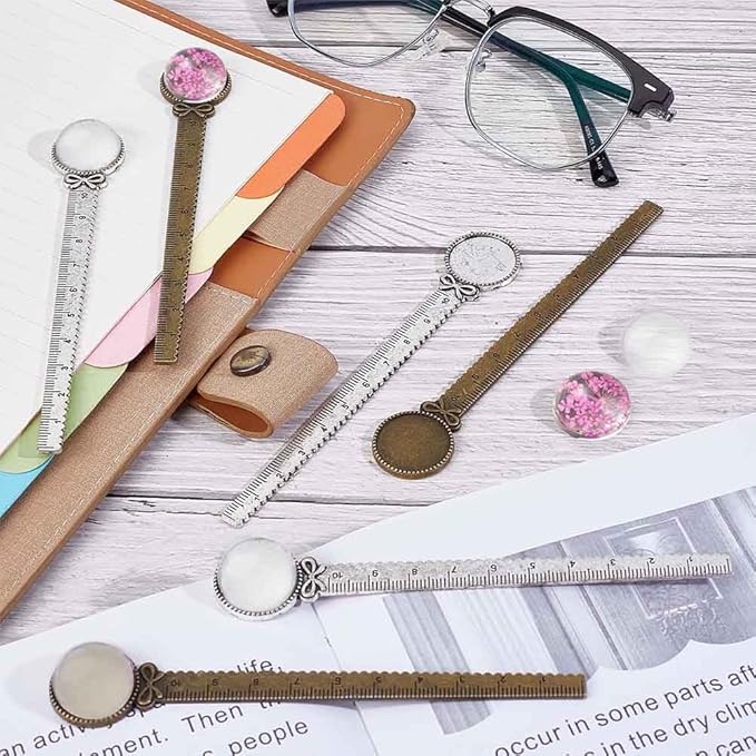 SUNNYCLUE 12Pcs DIY 6 Sets Antique Bronze Bookmark Silver Ruler Bookmarks Set Colorful Dried Flowers Glass Flat Back Cabochons Bookmark Blanks Bezel Tray Vintage Book Marks Making Kit for Reading