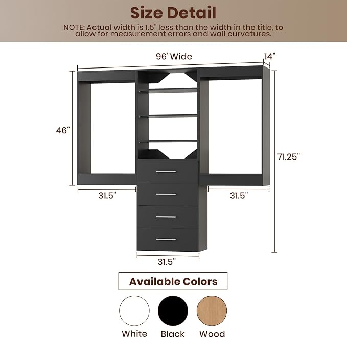 ROOMTEC Modular Closet System, 96" Wall-Mounted Closet Organizer with Drawers and Hanging Rods, Wooden Tower for Walk-In Closets, Wardrobe Storage Kit, Black