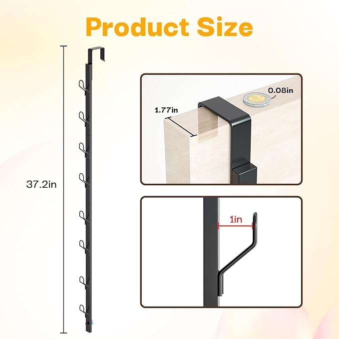 TOMIR Over The Door Hooks 2 Pack, Metal Long Hooks for Hanging, Behind Door Towel Rack, Purse, Coat Hanger, Non-Slip Pads with Suction Cups, Space-Saving Vertical Organizer, 37.2 Inches Black