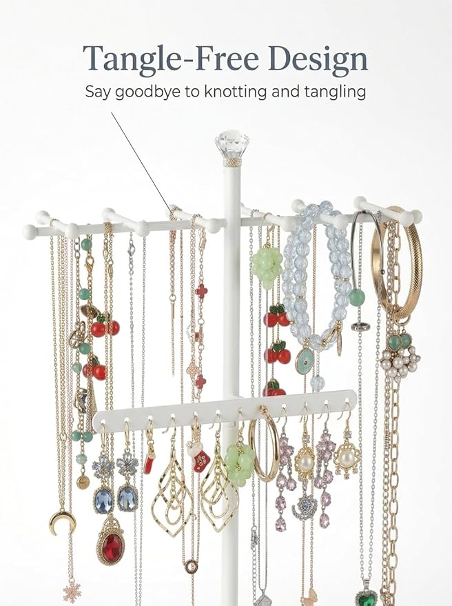 Meangood Jewelry Organizer Stand, 15.6" H Jewelry Tree Display Holder Stand for Bracelets Necklaces Earrings Rings, Gift for Women Girls (White)