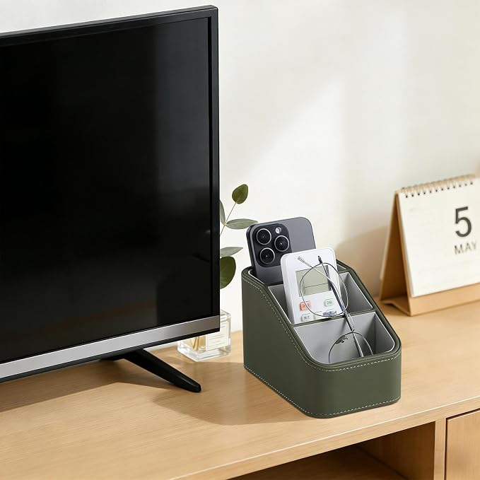 3 Compartments PU Leather Remote Control Holder, TV Remote Holder for Couch | Small Pen Desk Organizer for Office Bedside Living Room, Remote Caddy Nightstand Organizer