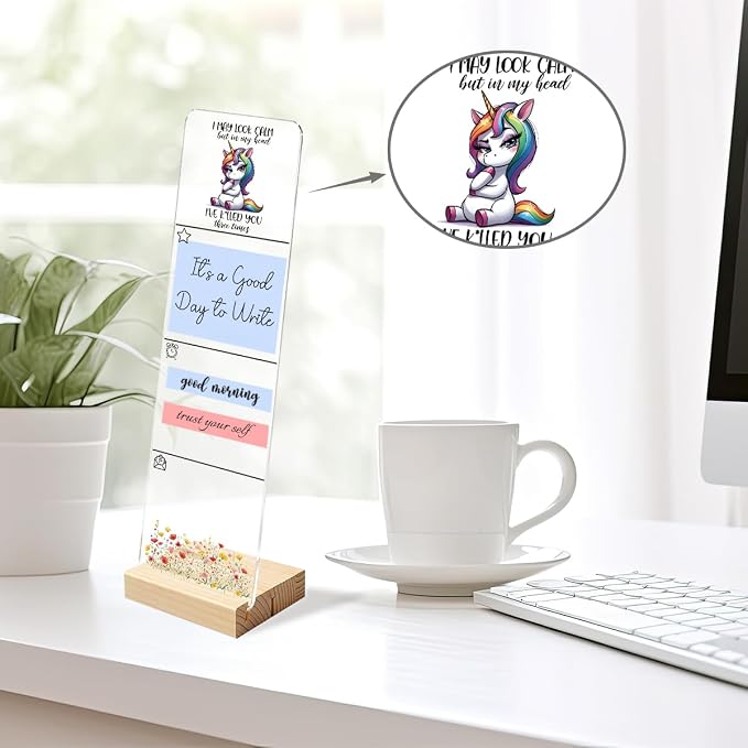 Sticky Note Holder, Monitor Memo Board, Acrylic Post It Note Holder with Wooden Base, Includes 200 Notes, Desk Organizer, Funny Unicorn Quote “I May Look Calm”