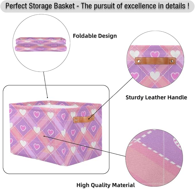Rectangular Storage Baskets Pink Heart Diamond Fabric Storage Bin Toy Organizer Box with PU Leather Handles for Room Decor