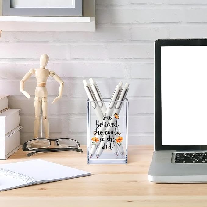 She Believed She Could So She Did Acrylic Cosmetic Pencil Pen Holder Cup, Motivational Desk Organizer Accessories for Home Office Decor, Graduation Inspirational Gifts for Women Girl Coworker