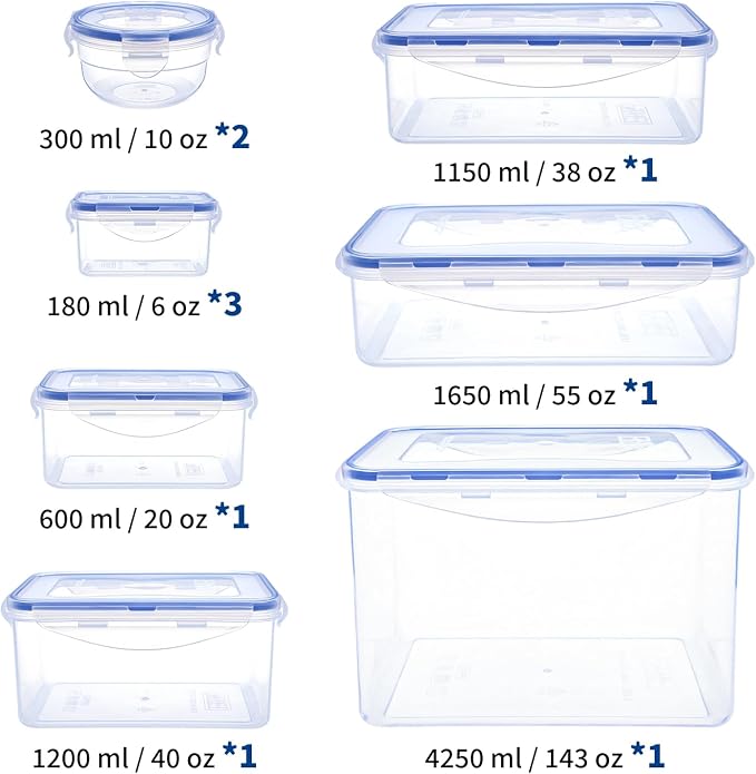 KIGI Food Storage Containers Set, Assorted Size Variety Pack, Airtight Leak Proof Lids, Stackable BPA-Free Multi-Use for Meal Prep, Leftovers, Kitchen & Fridge Freezer Organization, 20 Piece Set