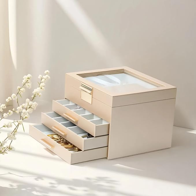 BOOVO Clear Lid Jewelry Box,4 Layers Jewelry Organizer Large Jewelry Storage Box with 3 Drawers,Jewelry Holder Organzier of Rings Earrings Necklace Bracelets for Women (Champagne, 4 Layer)