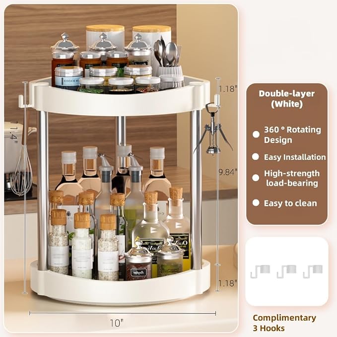 10.01" 2-Tier 360°Rotating Lazy Susan turntable Organizer Spice Rack Organization for Kitchen countertop and Cabinet pantry Organizers and storage(2White, Extra Large)