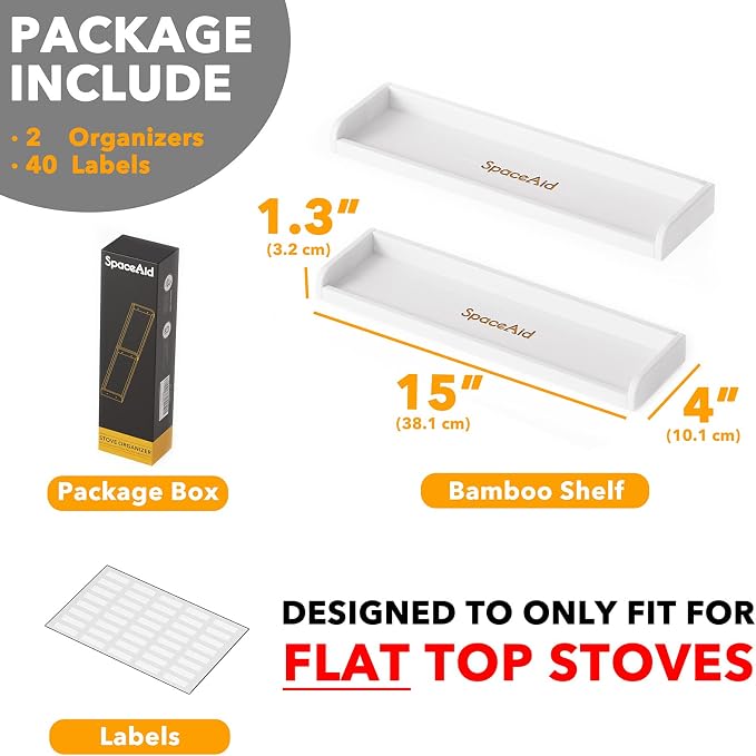 SpaceAid 30" Wide Kitchen Shelf Organizer for Stove, Magnetic Bamboo Spices Shelf for Home Stove Kitchen Storage Organization (Fit for Flat Top Only, White)