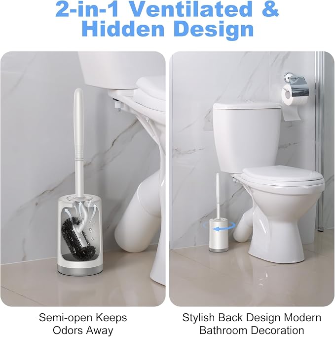 HAMITOR Toilet Bowl Brush Holder Set: Curved Design with Holder for Deep Cleaning Under Rim - Compact Hidden Scrubber for Small Space - Modern RV Bathroom Accessories - White 1 Pack