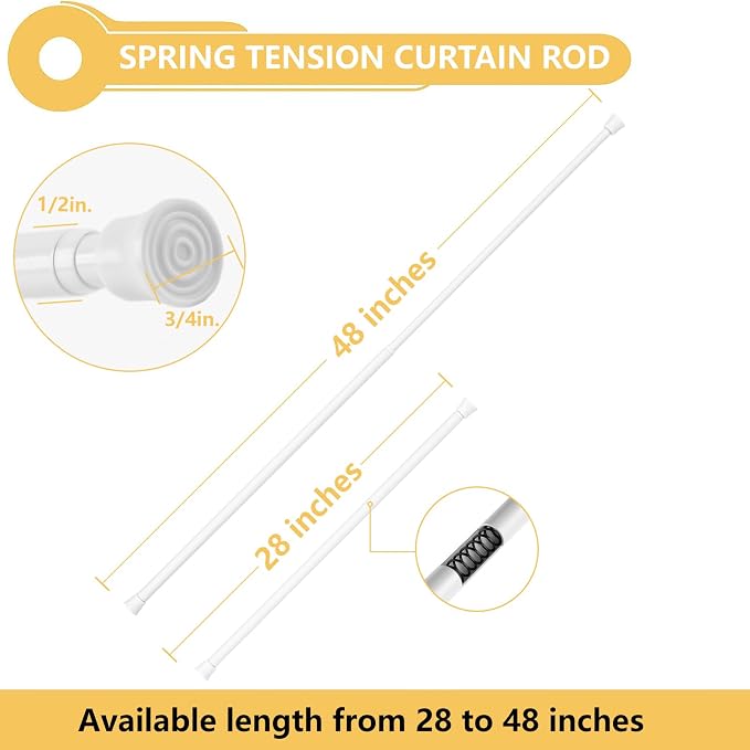 KXLife Spring Tension Rods for Windows Adjustable 28-48", 2Pcs, White | No Drilling, Tool-Free Spring Fit, Non-Slip Ends, Ideal for Shower, Kitchen, Wardrobe, Doorway