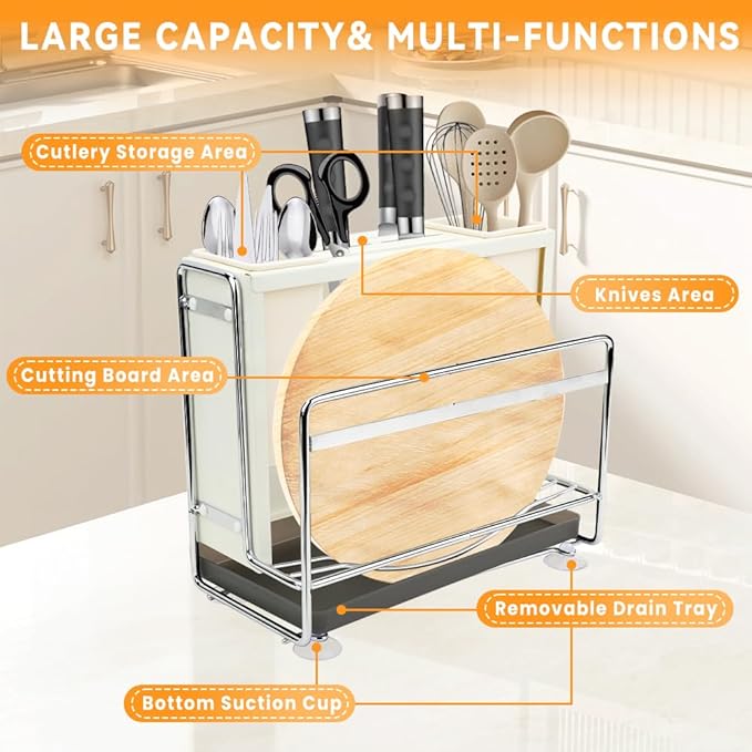 Knife Holder, Knife Block Multifunctional Large Capacity with Cutting Board Organizer, Kitchen Knife Block Utensil Stand Storage for Countertop Kitchen (White)