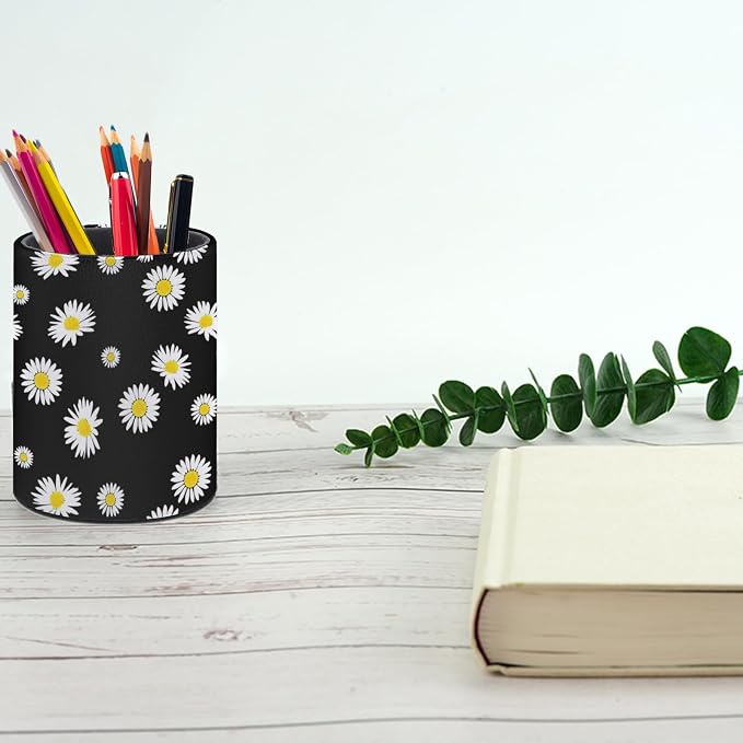 Daisy Pen Holder Pencil Cup for Desk Organizer | Cute Makeup Brush Holder PU Multifunctional Office Suppliesfor Decor Home Classroom School