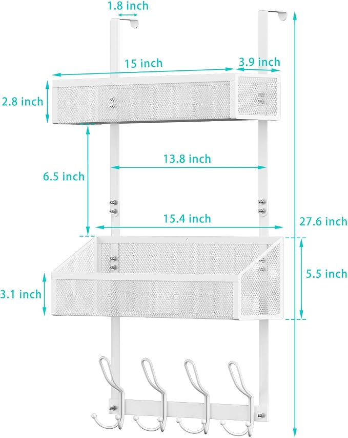 12-Hook Over Door Organizer with 2 Mesh Baskets Space-Saving 2-Tier Hanging Rack for Towels, Coats & Pantry Items, Heavy Duty Metal Storage for Bathroom, Kitchen & Bedroom, White